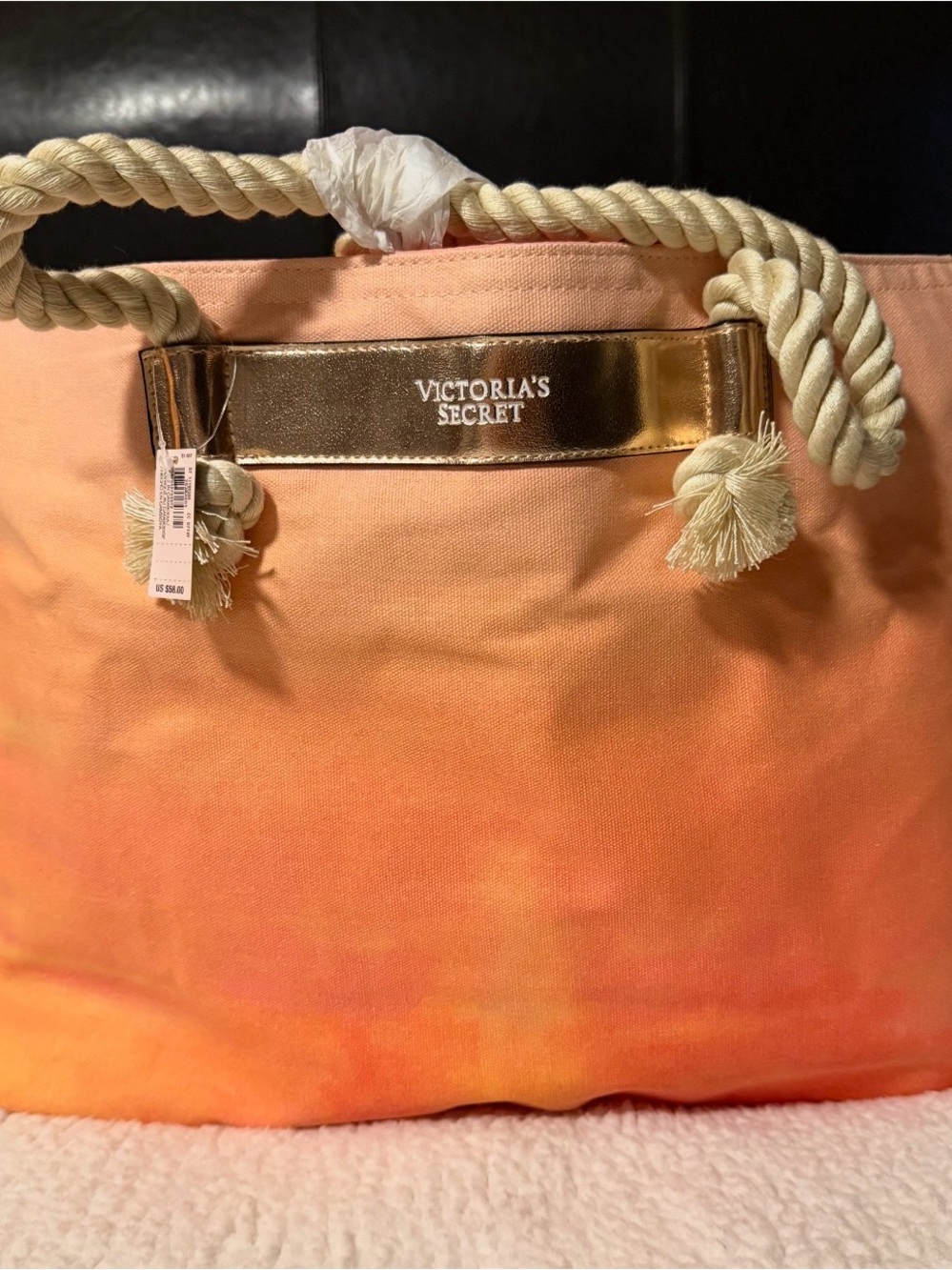 NWT- Victoria's Secret Coral to Peach Ombre Canvas Tote with Rope Handles